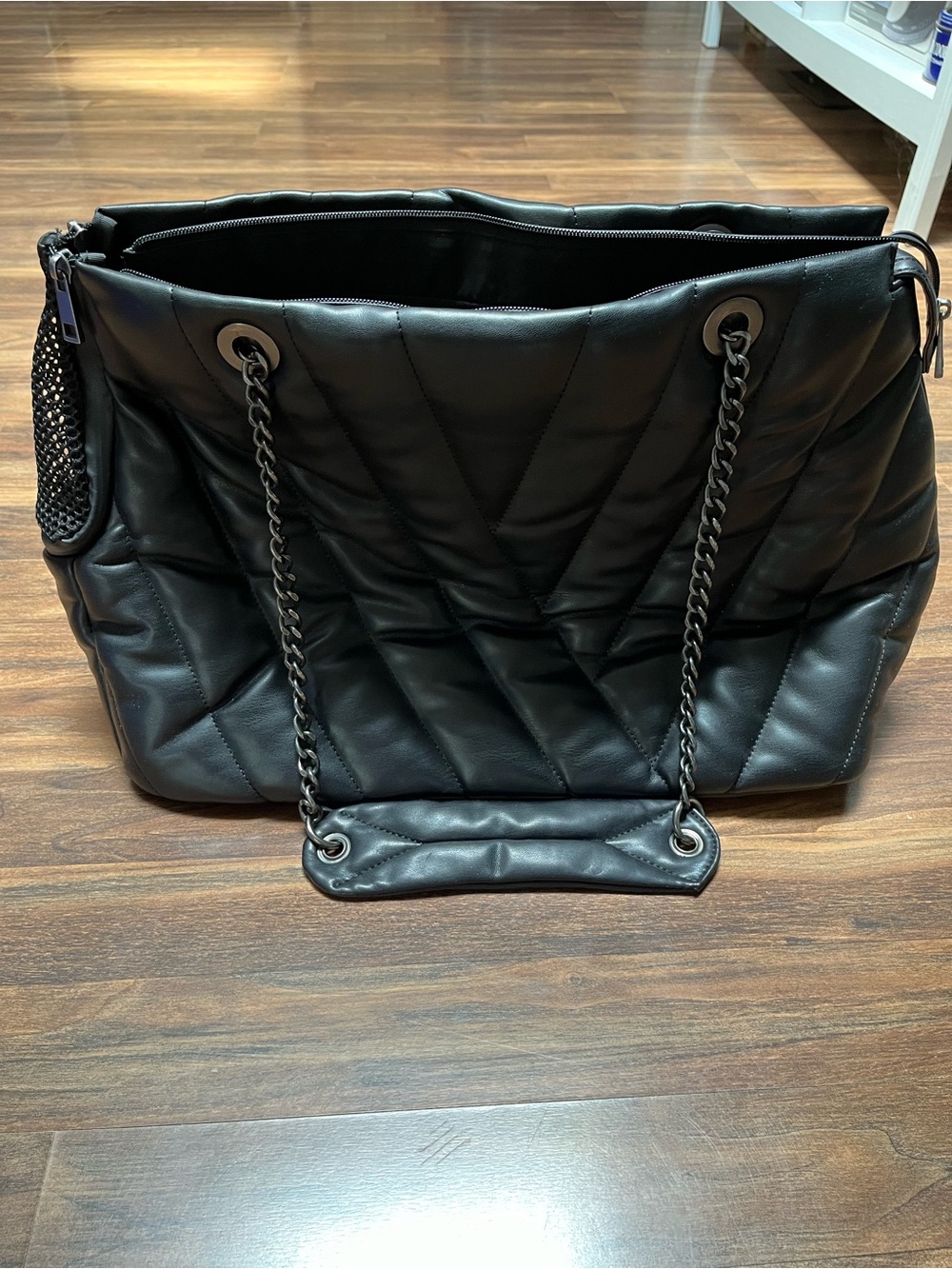 Zara Quilted Chain-Handle Tote in Black
